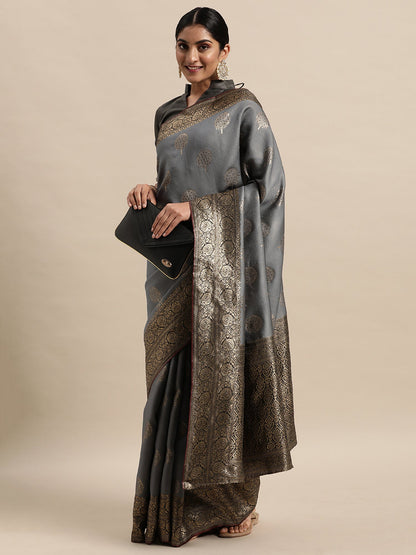 Women's Silk Blend Grey Woven Design Designer Saree With Blouse Piece