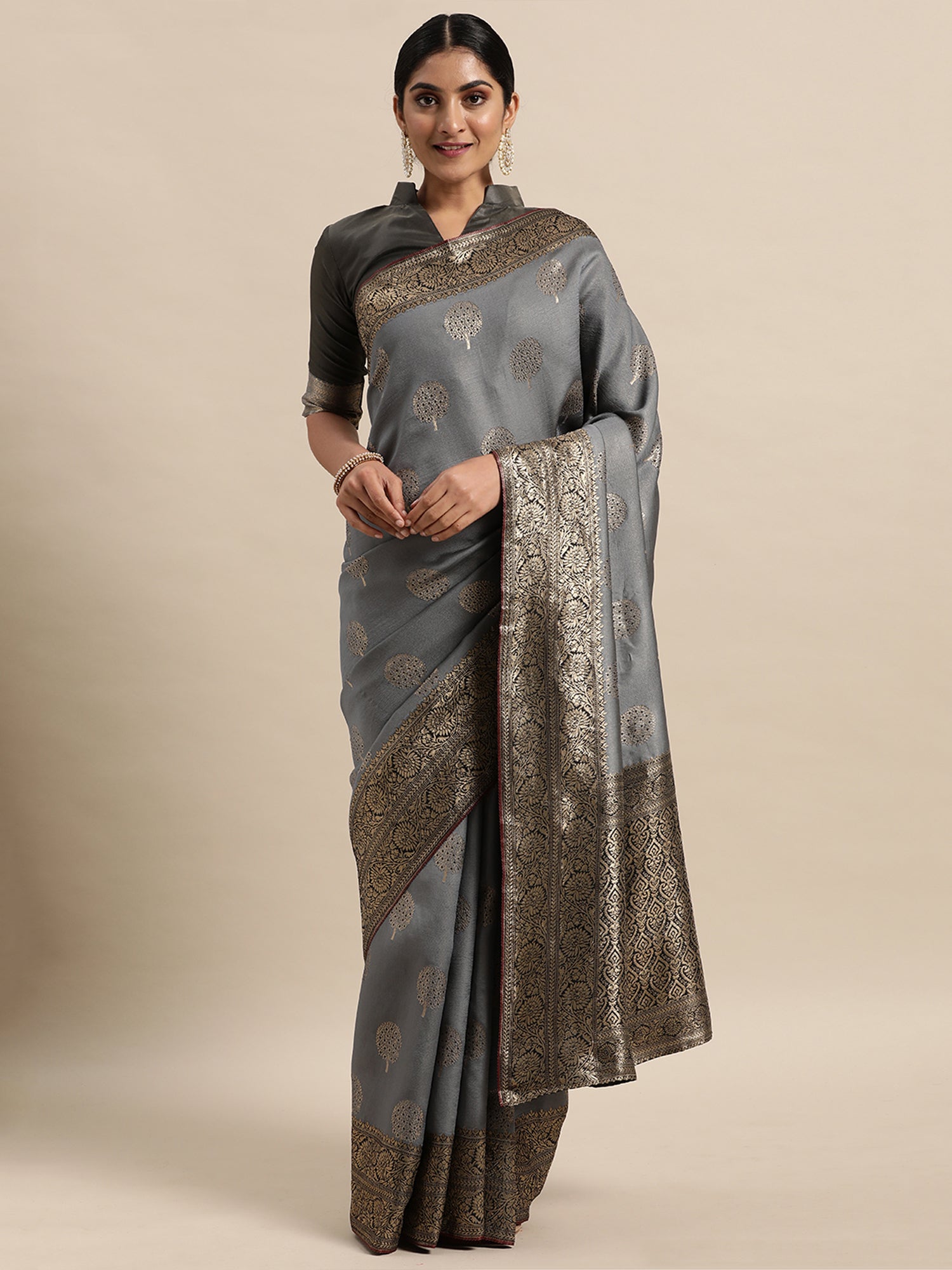 Women's Silk Blend Grey Woven Design Designer Saree With Blouse Piece
