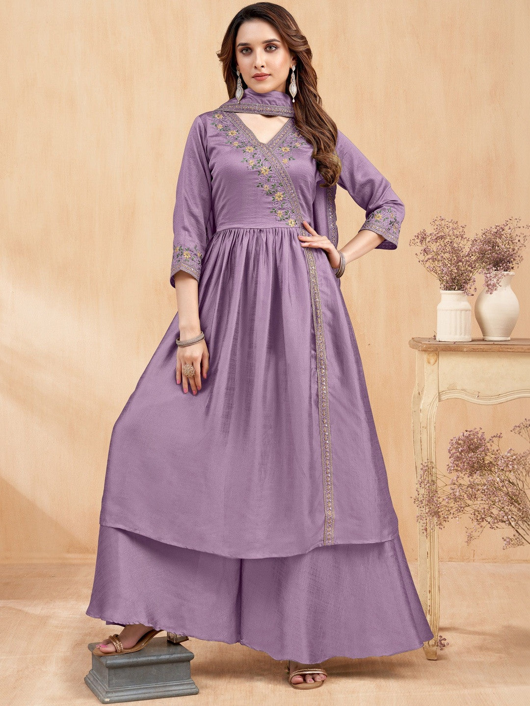 Embroidered V-Neck Kurta & Palazzos With Dupatta