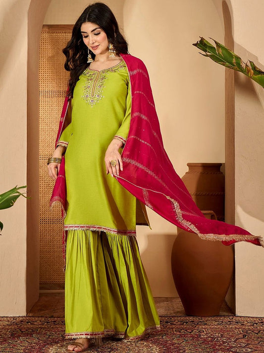 Dhiyona SN Floral Embroidered Kurta with Palazzos & Dupatta
