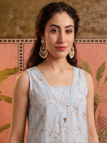Printed Pure Cotton Square Neck Kurta & Trousers