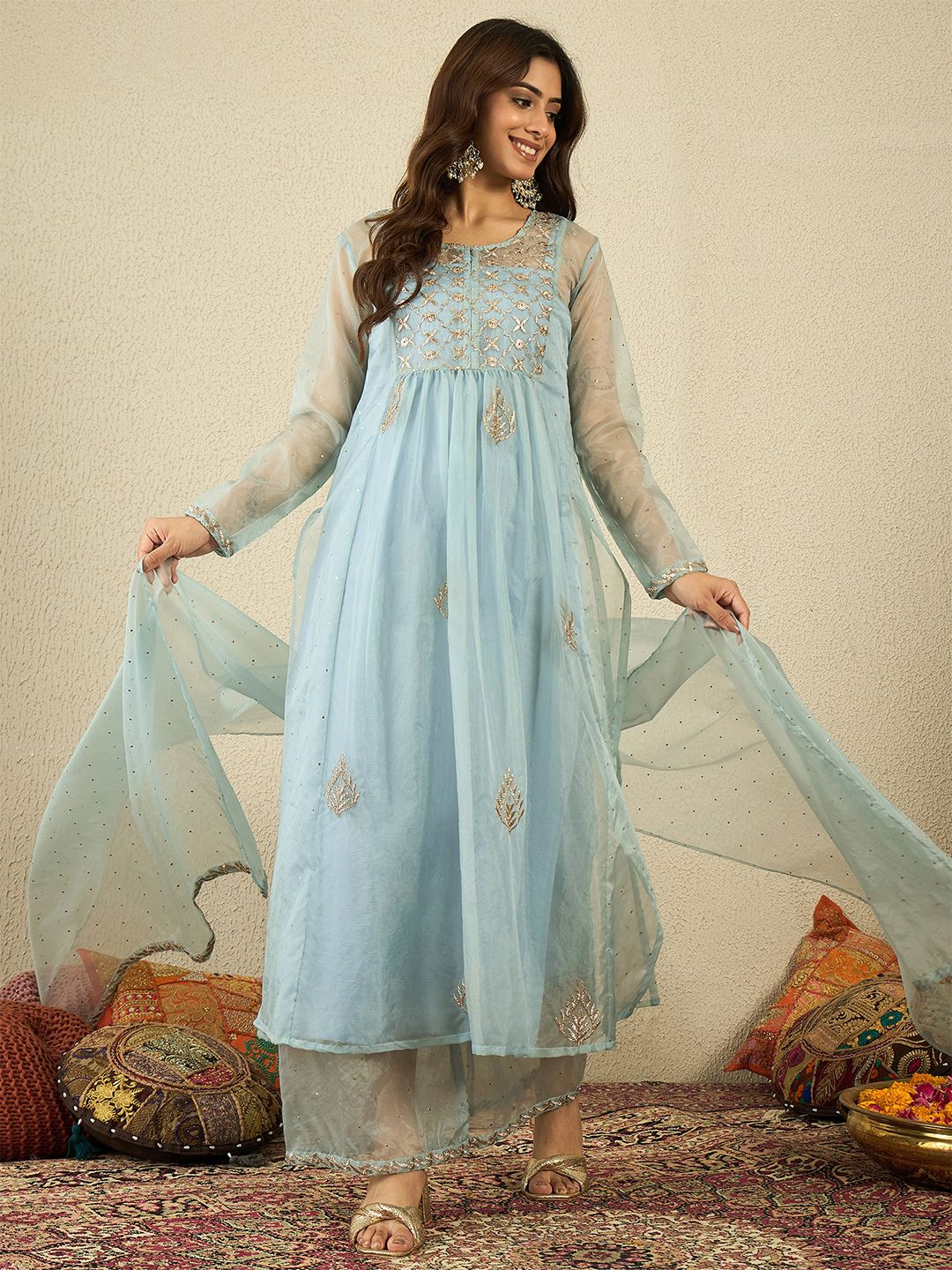 Dhiyona IN Women Ethnic Zari Mukaish Embroidered Kurta Set with Dupatta