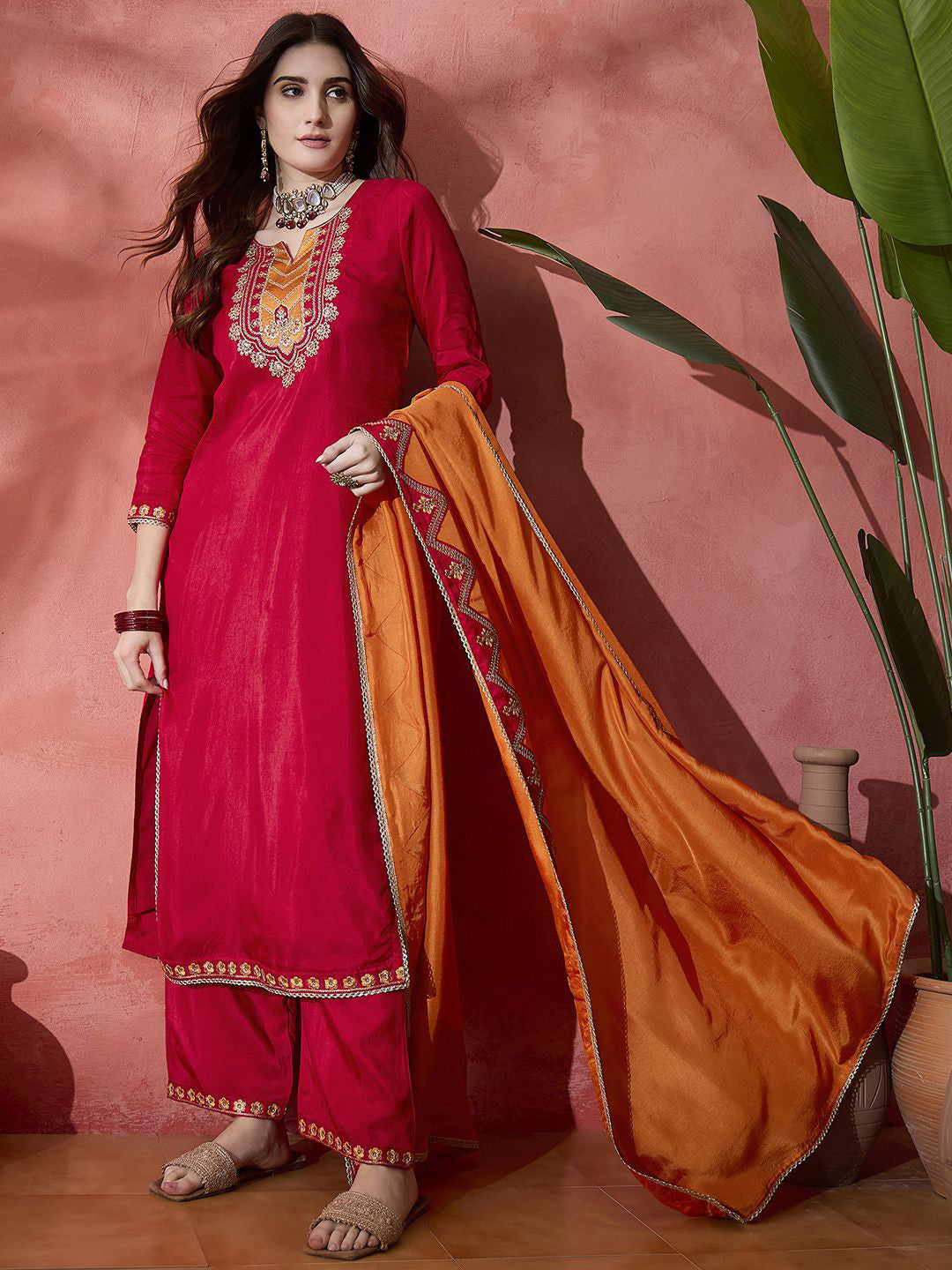 Women Ethnic Motif Embroidered Sequinned Kurta & Trousers With Dupatta