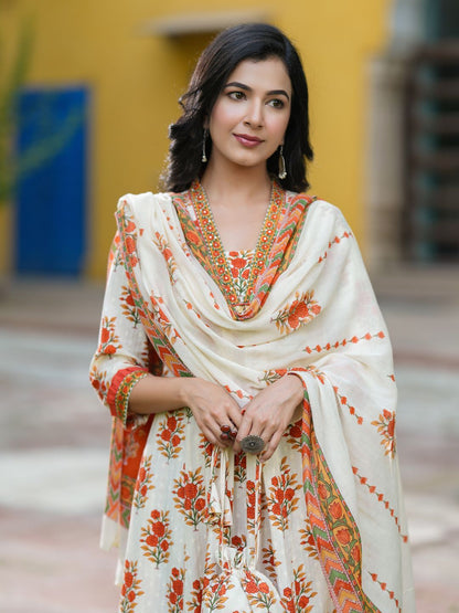 Dhiyona RR Women's Floral Printed Thread Work Pure Cotton Kurta With Trousers & Dupatta