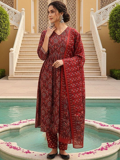 Dhiyona KL Ethnic Motifs Printed Pleated Kurta with Trousers & Dupatta