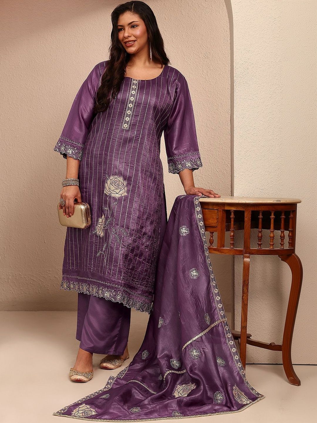 Dhiyona Women's Ethnic Motifs Printed Regular Thread Work Kurta with Palazzos & With Dupatta