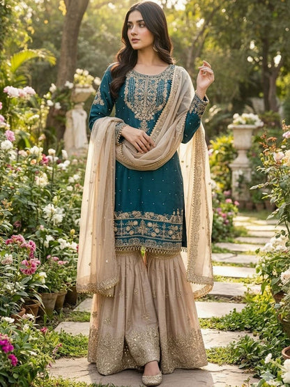 Dhiyona KL Women Floral Embroidered Regular Thread Work Kurta with Sharara & With Dupatta