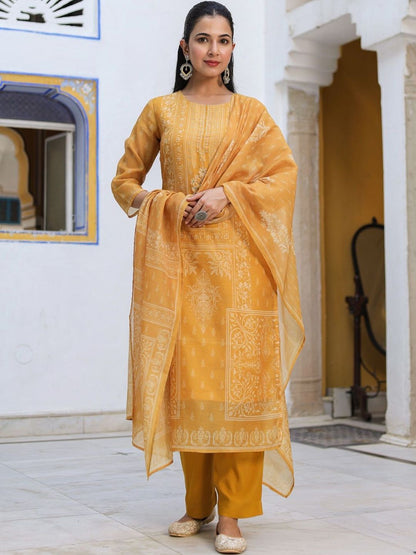 Dhiyona RR Women's Ethnic Motifs Printed Chanderi Cotton Kurta With Trousers & Dupatta