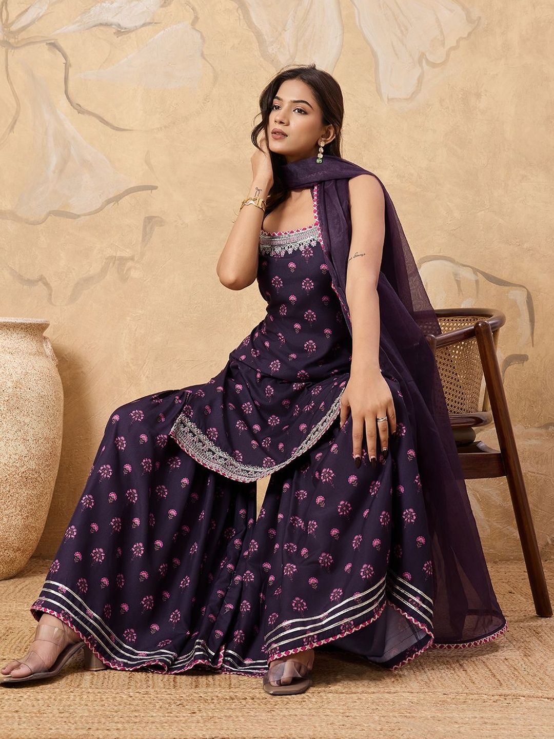 Dhiyona HOP Floral Printed Sleeveless Kurta with Sharara With Dupatta
