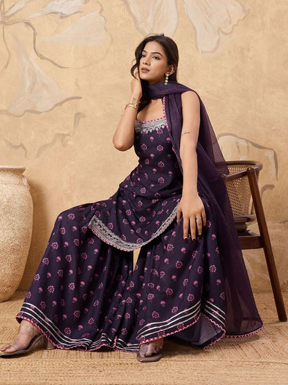 Dhiyona HOP Floral Printed Sleeveless Kurta with Sharara With Dupatta