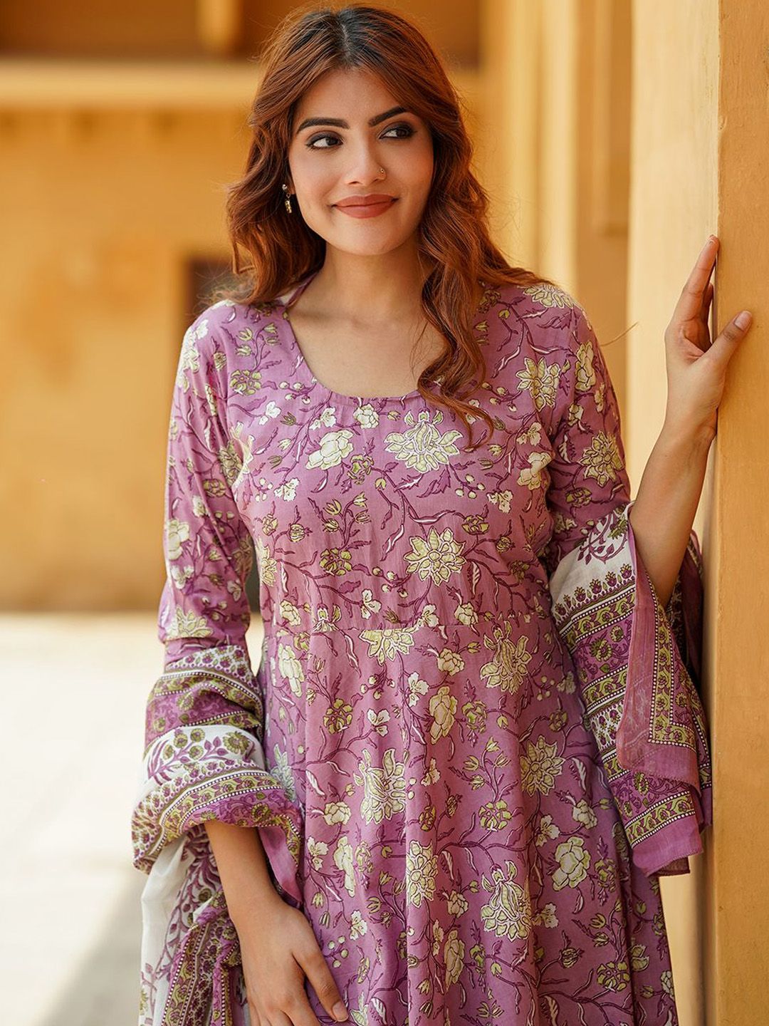 Dhiyona KL Floral Printed Pure Cotton Anarkali Kurta With Trousers & Dupatta