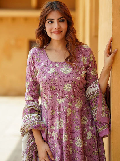 Dhiyona KL Floral Printed Pure Cotton Anarkali Kurta With Trousers & Dupatta