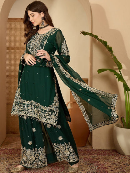 Dhiyona SN Women Floral Embroidered Thread Work Georgette Kurta With Sharara & Dupatta