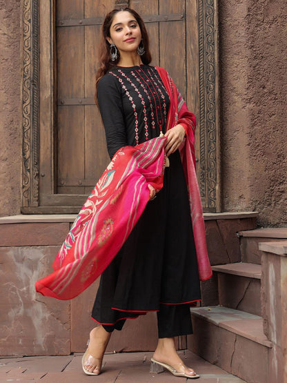 Dhiyona RR Women's Yoke Design Chanderi Cotton A-Line Kurta with Palazzos & Dupatta