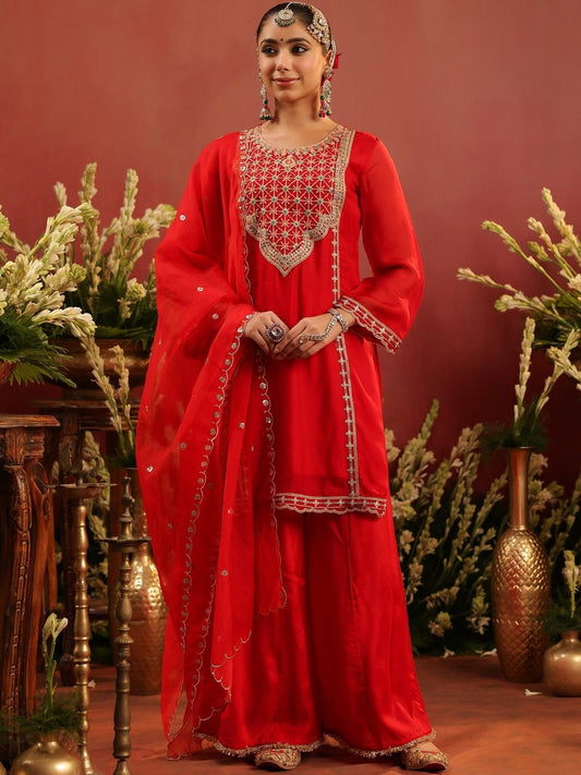 Dhiyona SC Floral Embroidered Round Neck Thread Work Organza Silk Kurta With Palazzo & Dupatta
