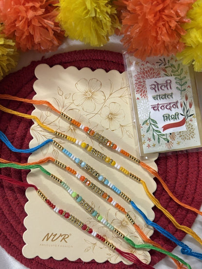 Dhiyona Set Of 6 Multi Artificial Beads Thread Rakhi With Roli Chawal Chandan Mishri