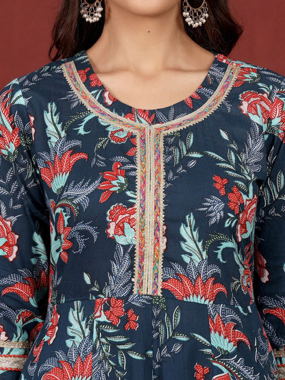 Dhiyona VA Women's Floral Printed Regular Pure Cotton Kurta with Trousers & With Dupatta