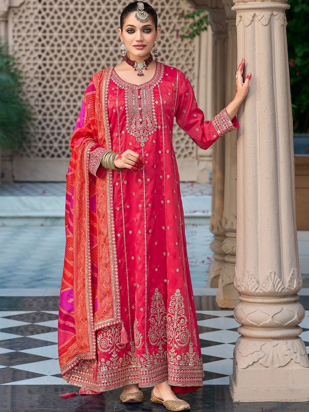 Dhiyona IE Women Ethnic Motifs Embroidered Panelled Sequinned Kurta with Trousers & With Dupatta
