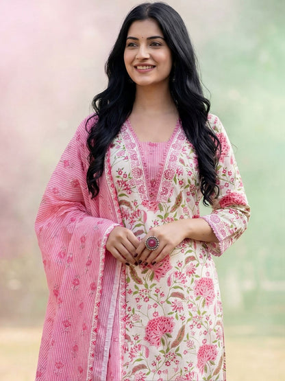 Women Floral Printed Regular Pure Cotton Kurta with Trousers & With Dupatta