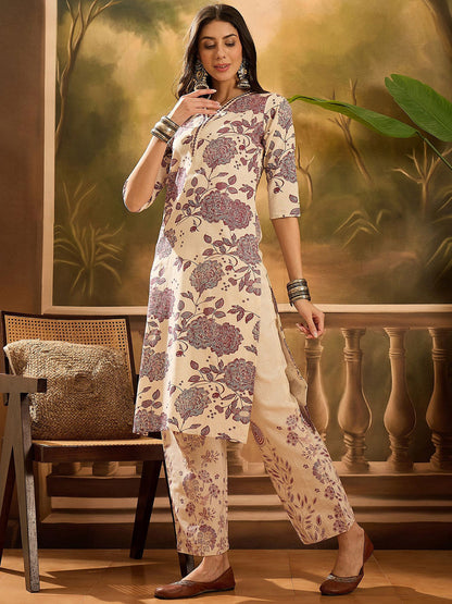 Women Floral Printed Pure Cotton Kurta With Palazzo