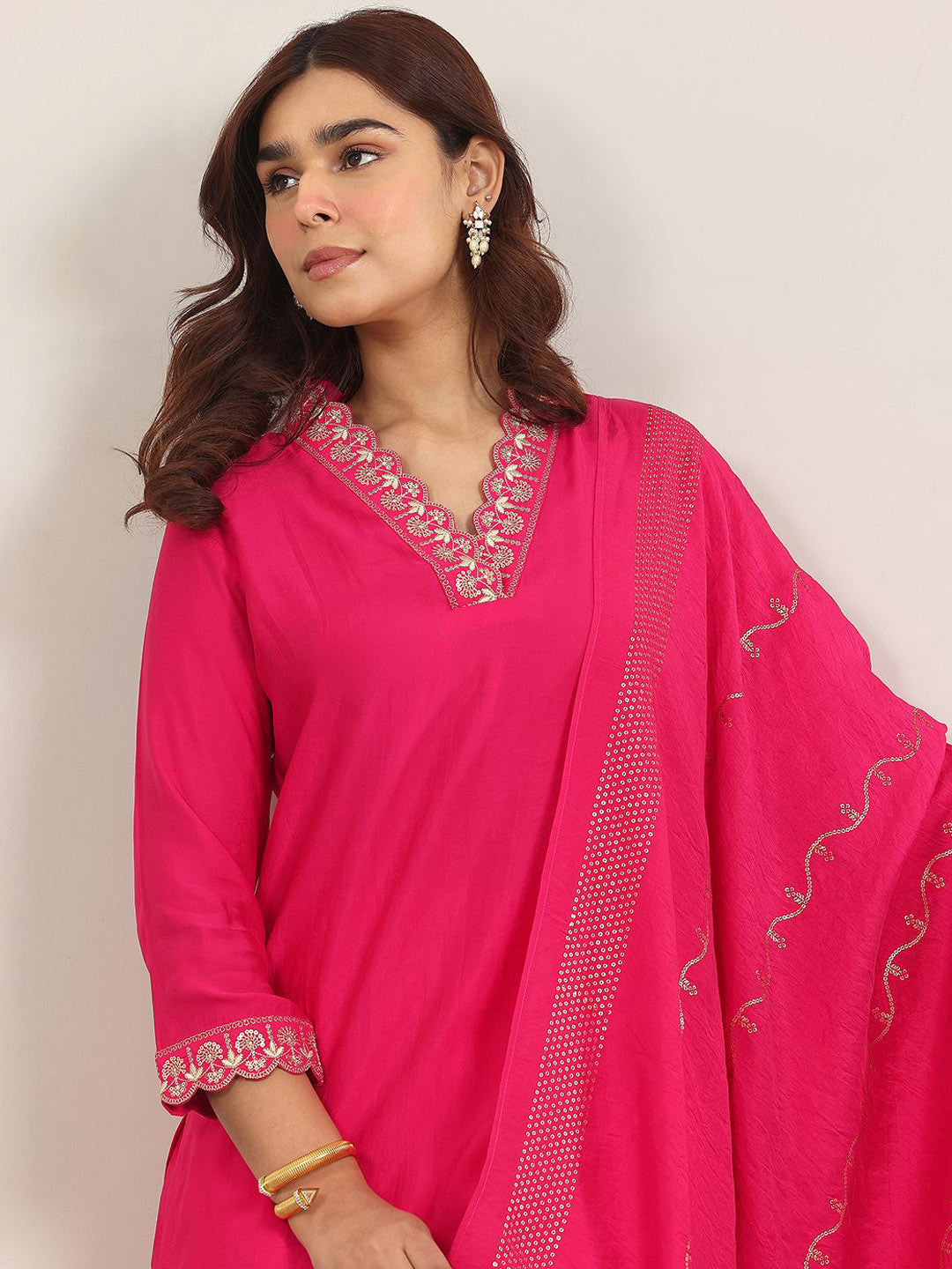 Yoke Design V Neck Kurta With Trousers & Dupatta