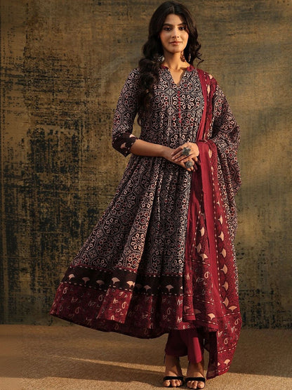 Black Ajrakh Printed Cotton Anarkali Suit Set