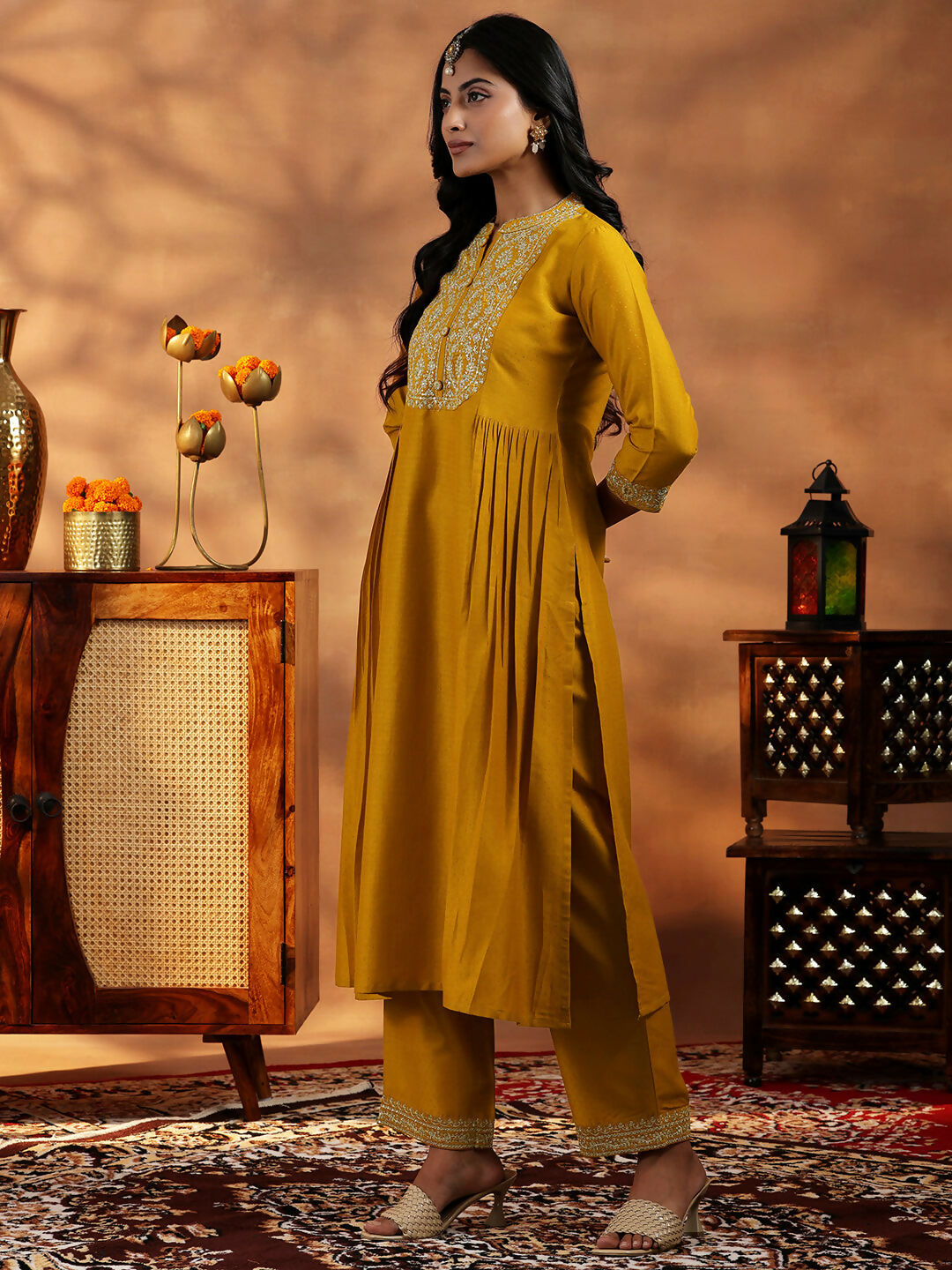 Women's LB Mustard Yoke Design Silk Blend A-Line Kurta With Palazzos & Dupatta