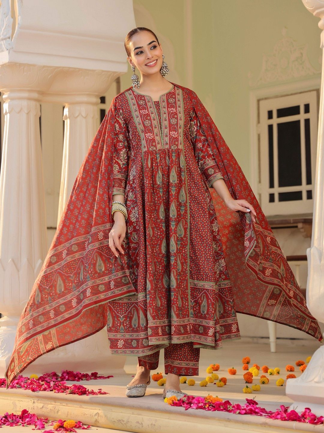 Dhiyona RR Women's Ethnic Motifs Printed Pleated Pure Cotton Kurta with Trousers & With Dupatta