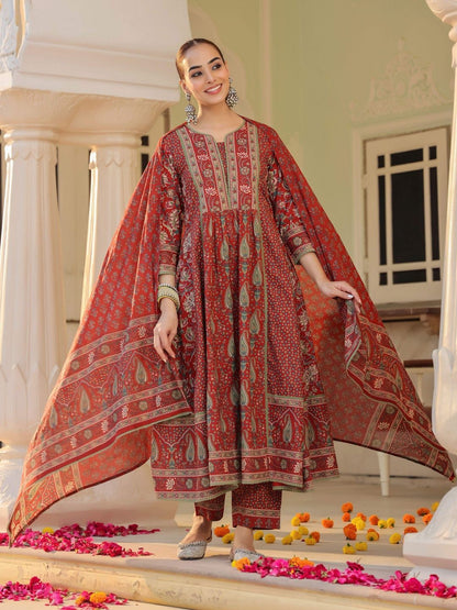 Dhiyona RR Women's Ethnic Motifs Printed Pleated Pure Cotton Kurta with Trousers & With Dupatta