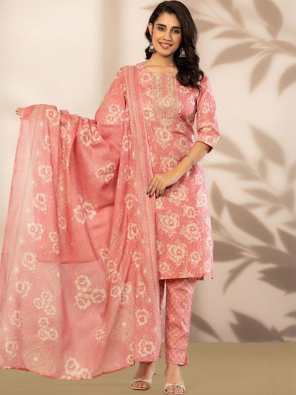 Women Floral Printed Regular Thread Work Pure Cotton Kurta with Trousers & With Dupatta