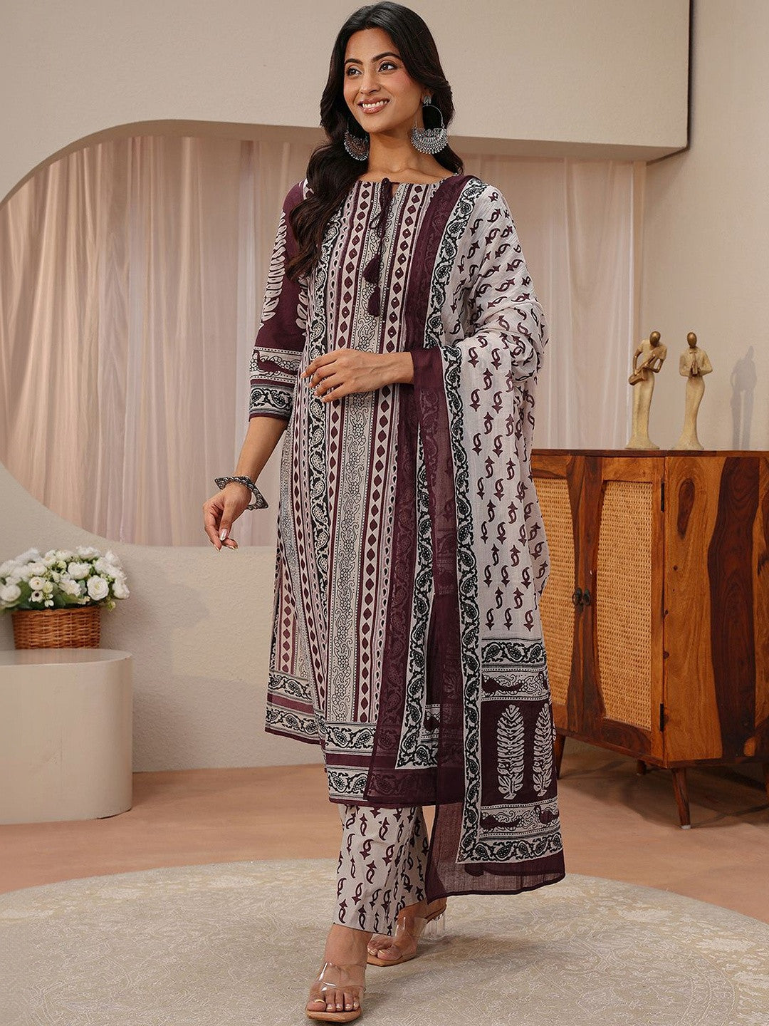Maroon Ethnic Printed Cotton Straight Suit Set