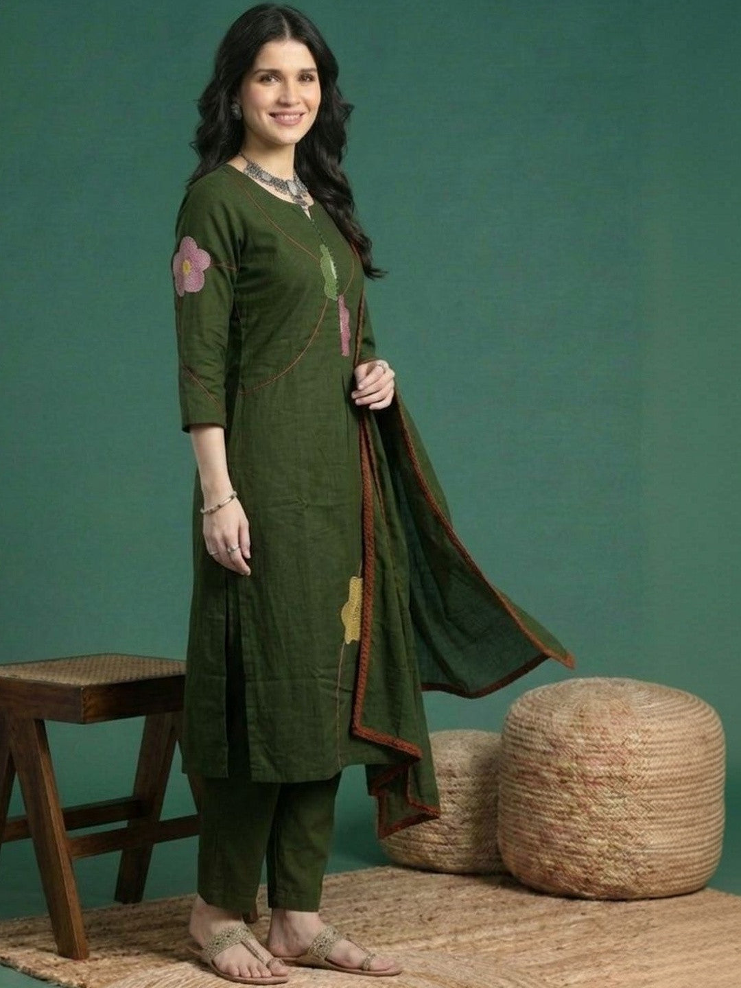 Embroidered Cotton Round Neck Kurta & Trousers With Dupatta