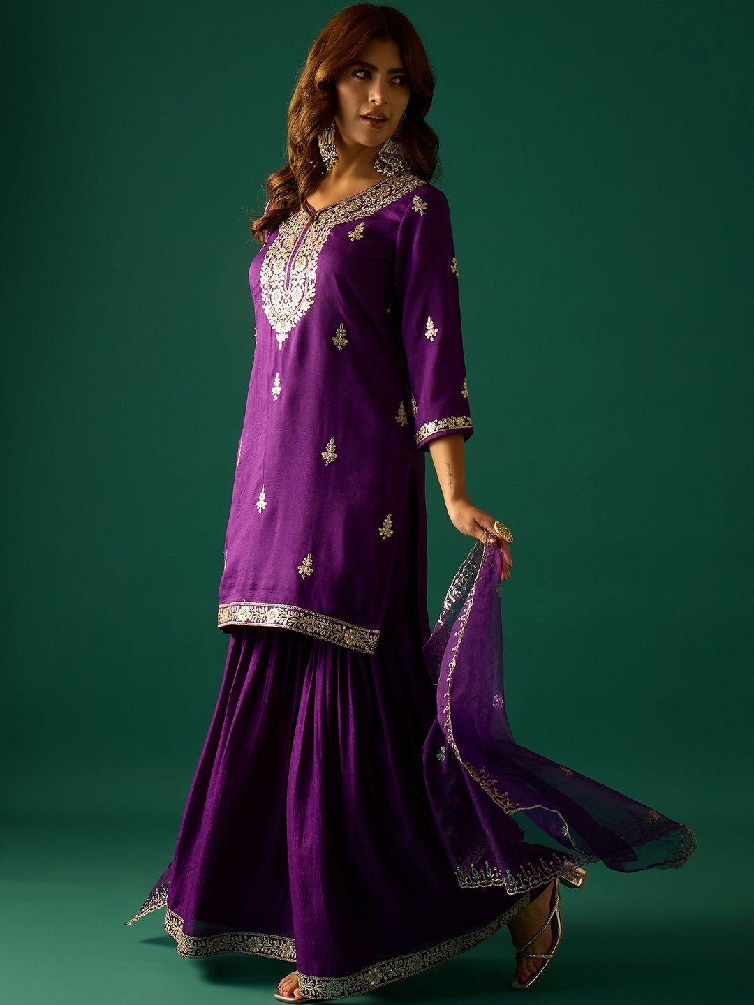 Dhiyona VA Ethnic Motifs Embroidered Zari Kurta With Sharara & Dupatta