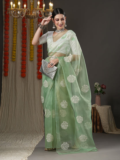 Women's Organza Olive Embroidered Designer Saree With Blouse Piece