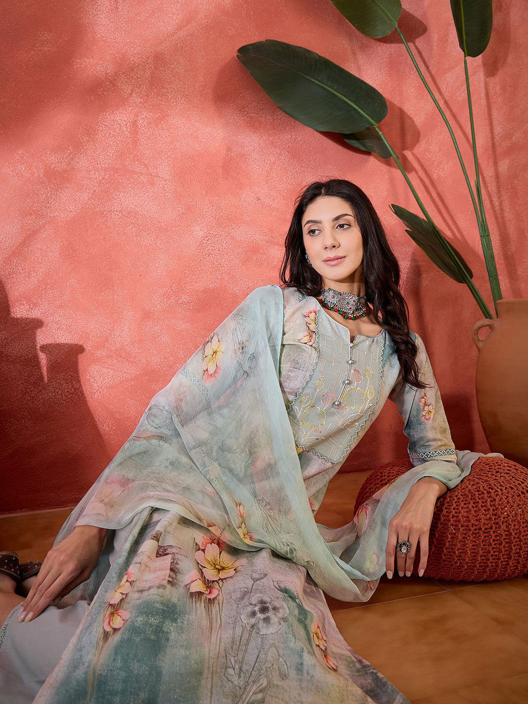 Women Floral Embroidered Cotton Kurta with Trousers & Dupatta