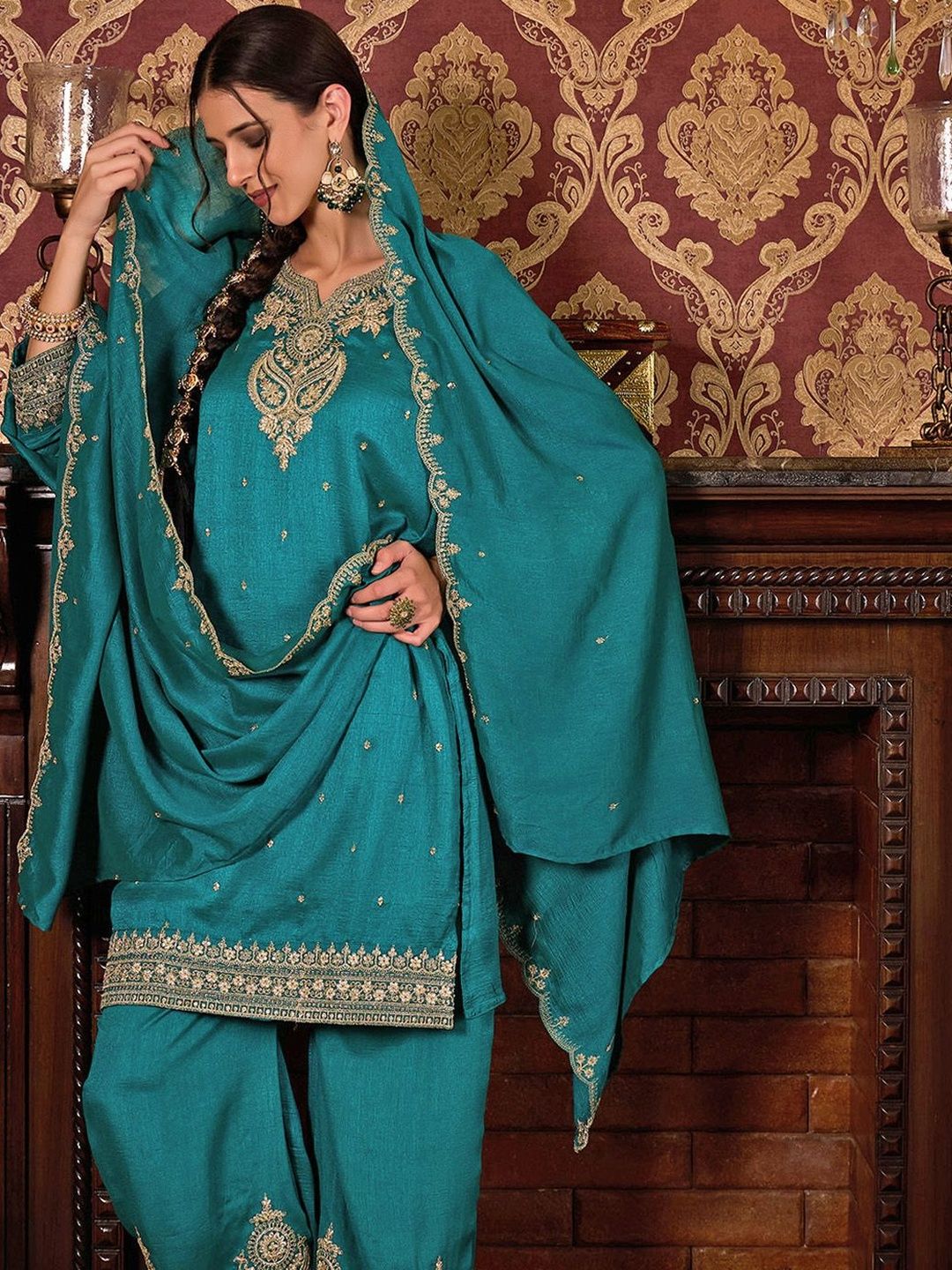 Dhiyona CH Ethnic Motifs Embroidered V-Neck Straight Kurta With Patiala & Dupatta