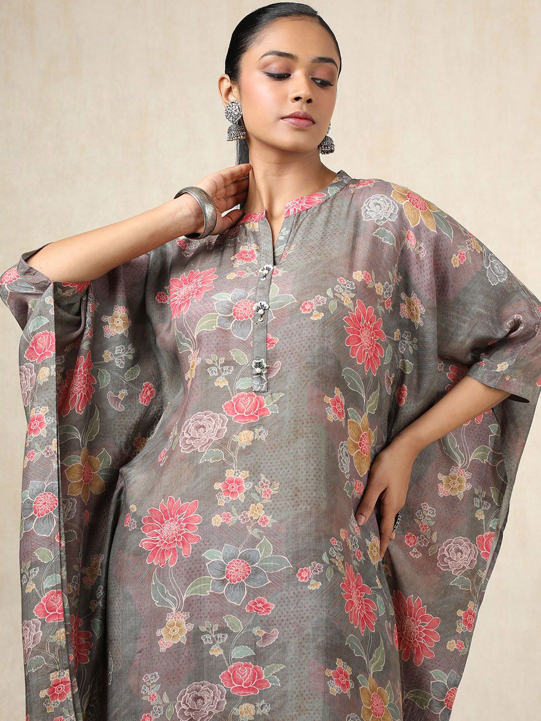 Dhiyona SO Women's Floral Printed Mandarin Collar Kaftan Pure Cotton Kurti With Trousers