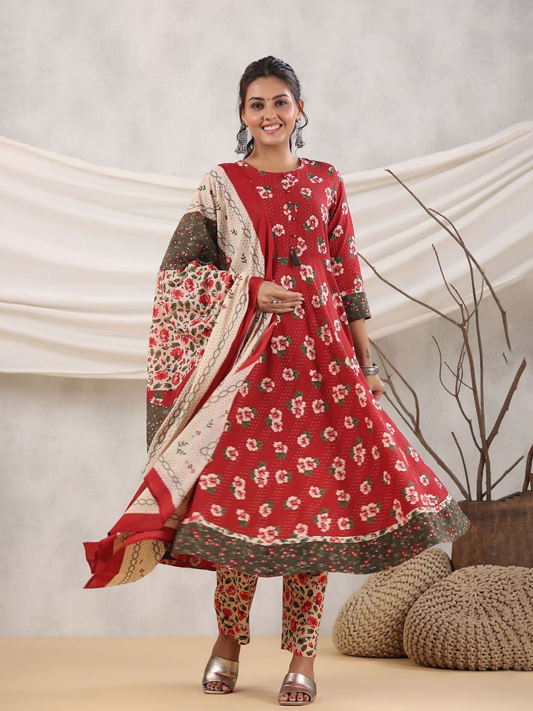 Dhiyona RR Women's Floral Printed Cotton A-Line Kurta with Palazzos & Dupatta