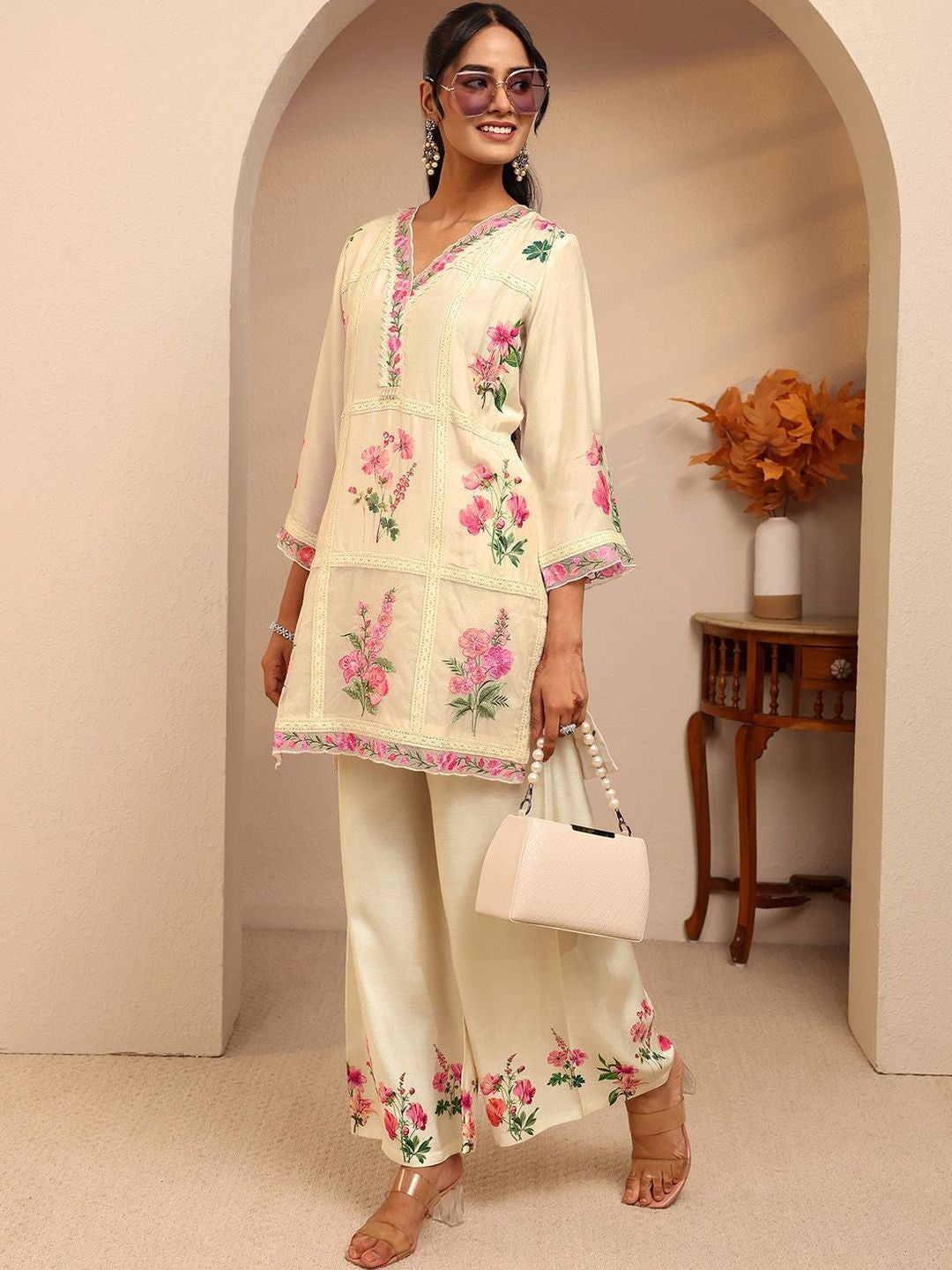 Off White Floral Printed Silk Blend A-line Kurta Set