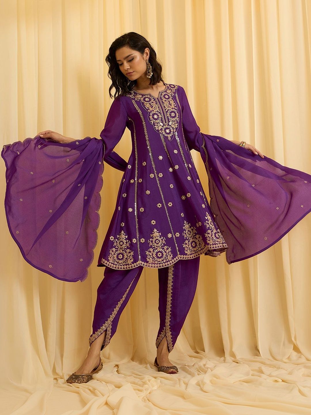 Dhiyona CH Women Ethnic Motifs Embroidered Regular Thread Work Kurta with Dhoti Pants & With Dupatta