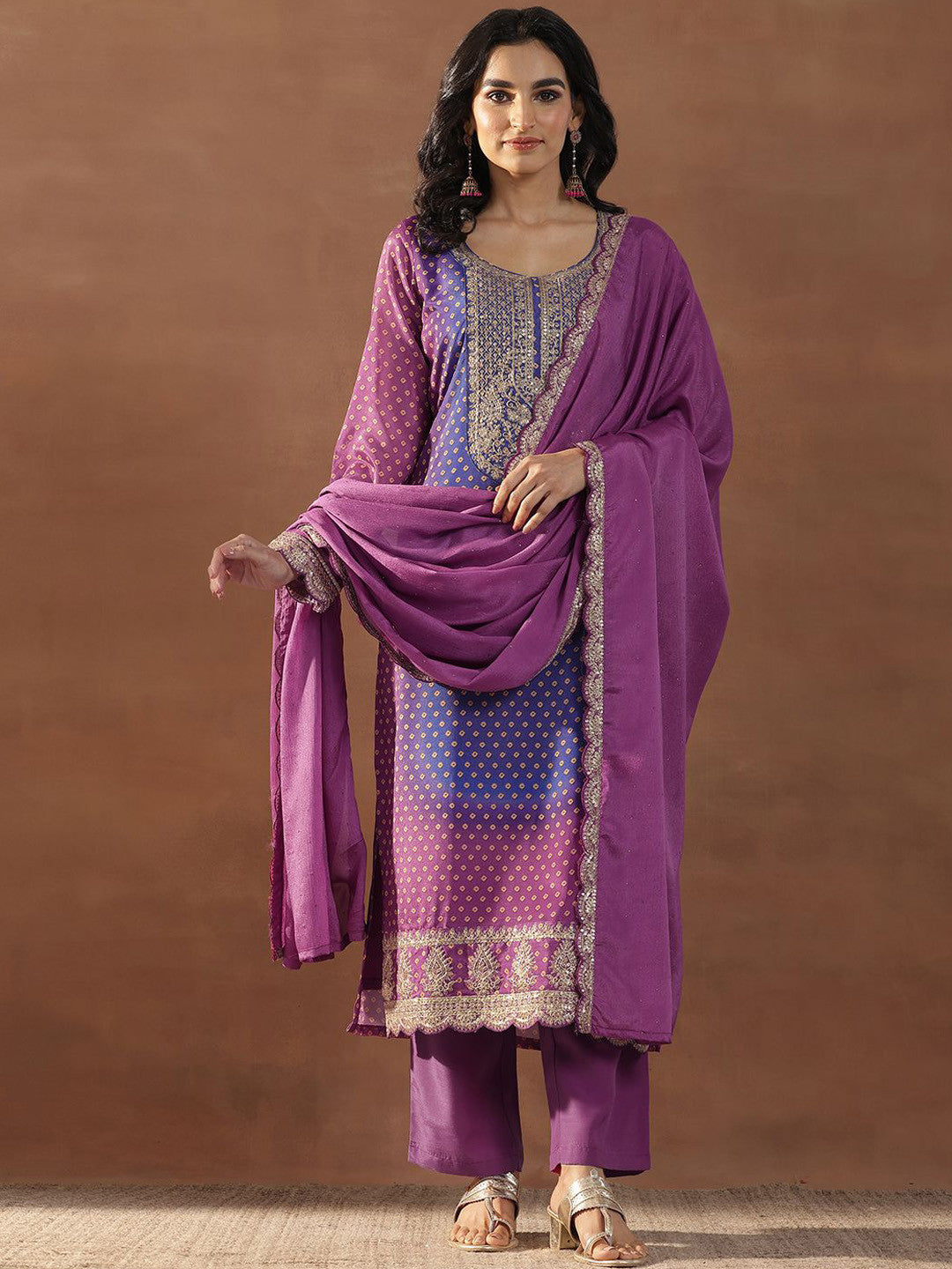 Women Bandhani Printed Kurta with Trousers & Dupatta