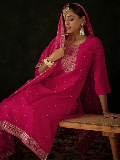 Women Ethnic Motifs Embroidered Regular Kurta with Trousers & With Dupatta