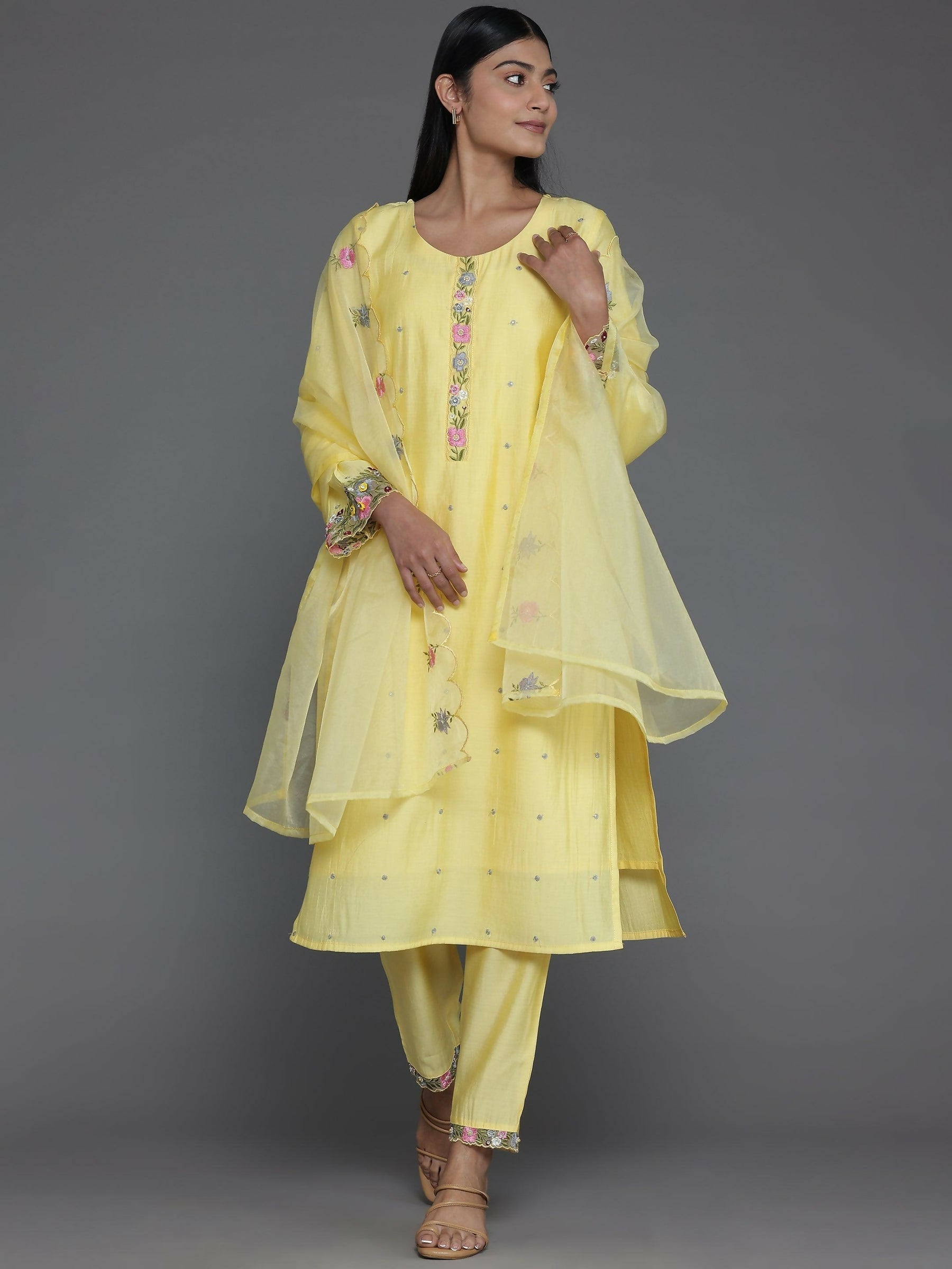 Women's LB Yellow Embroidered Silk Blend Straight Suit With Dupatta