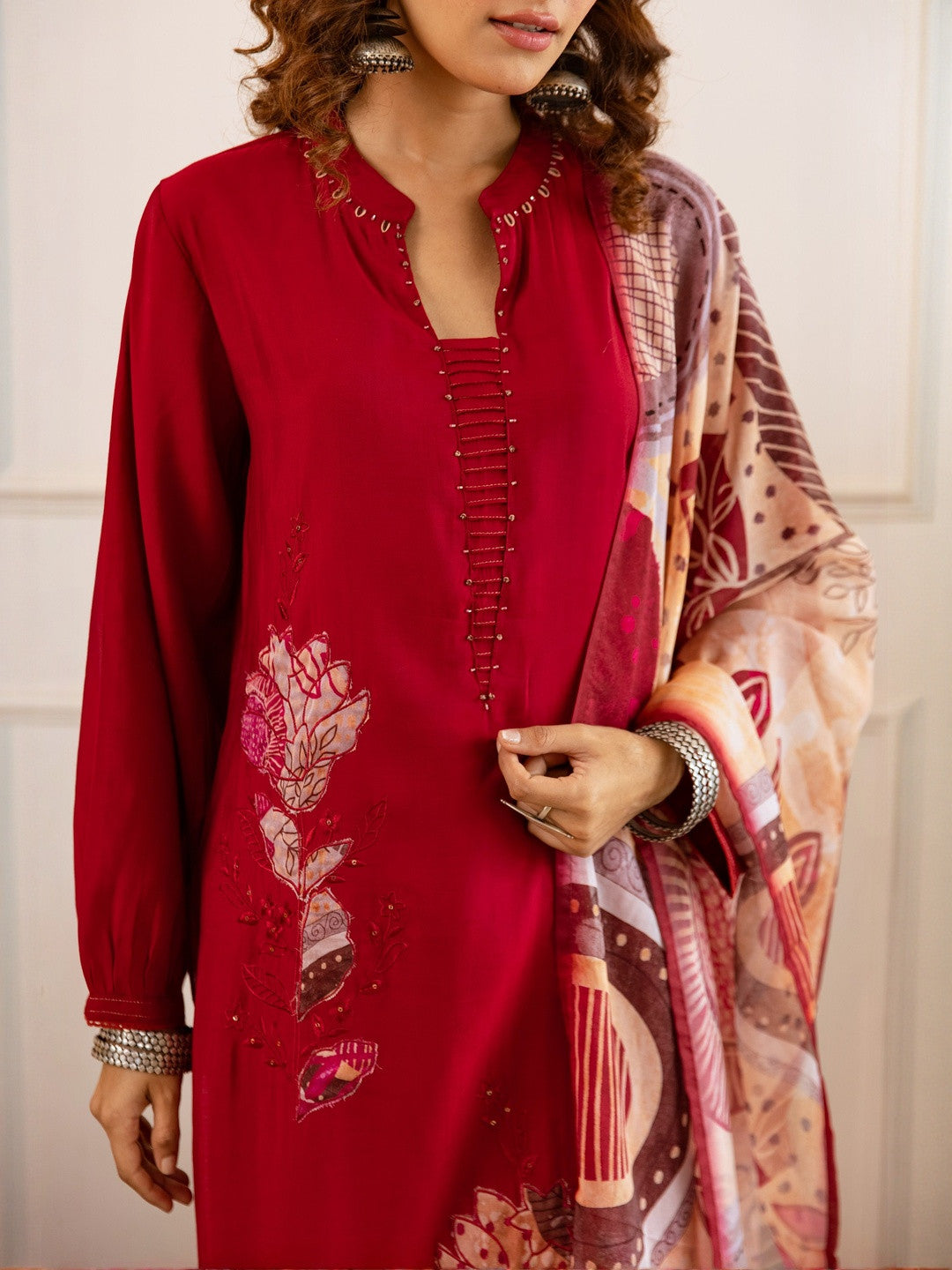 Embellished Straight Kurta With Trousers & Dupatta