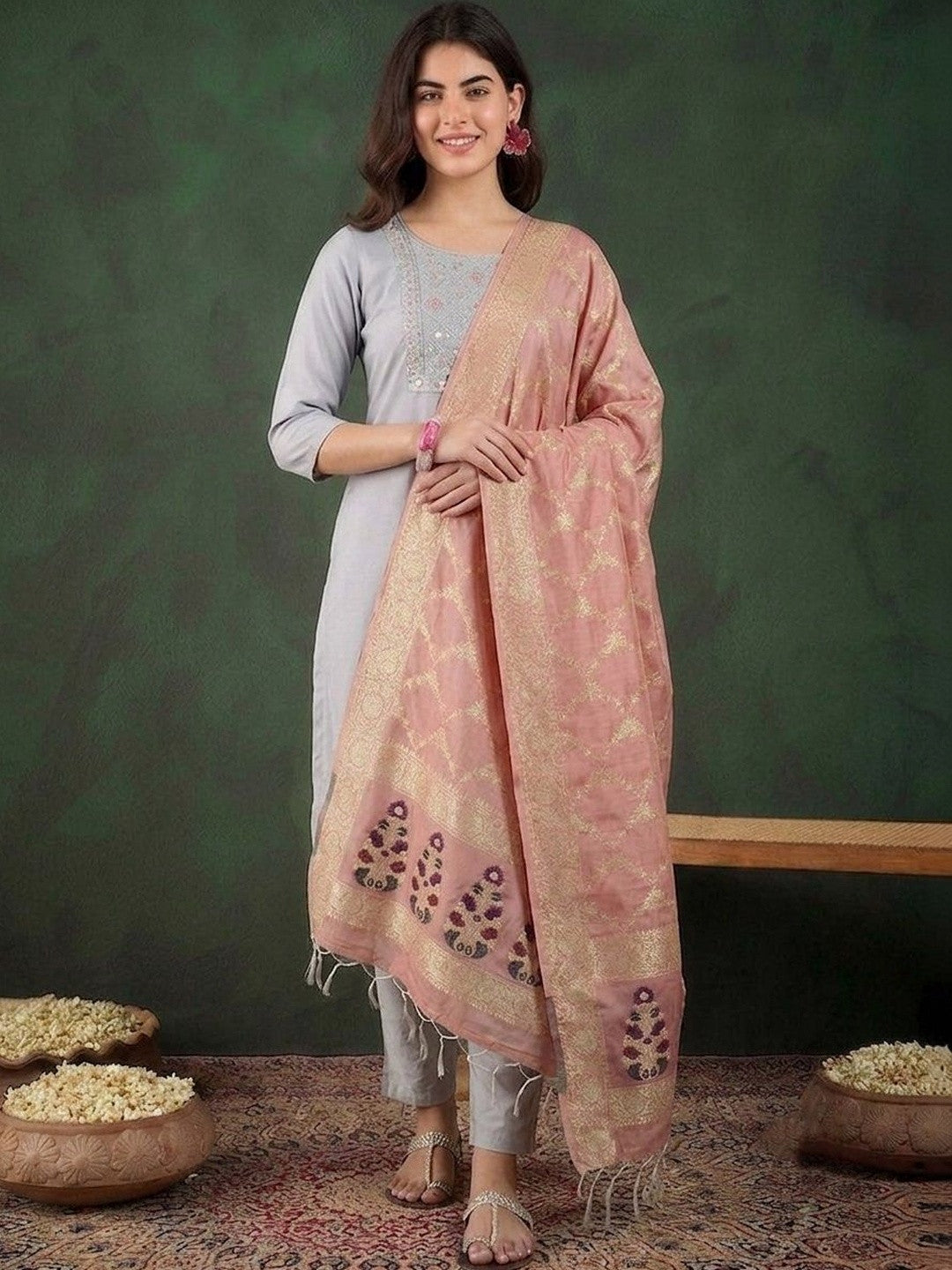 Floral Yoke Design Thread Work Straight Kurta And Trousers With Dupatta