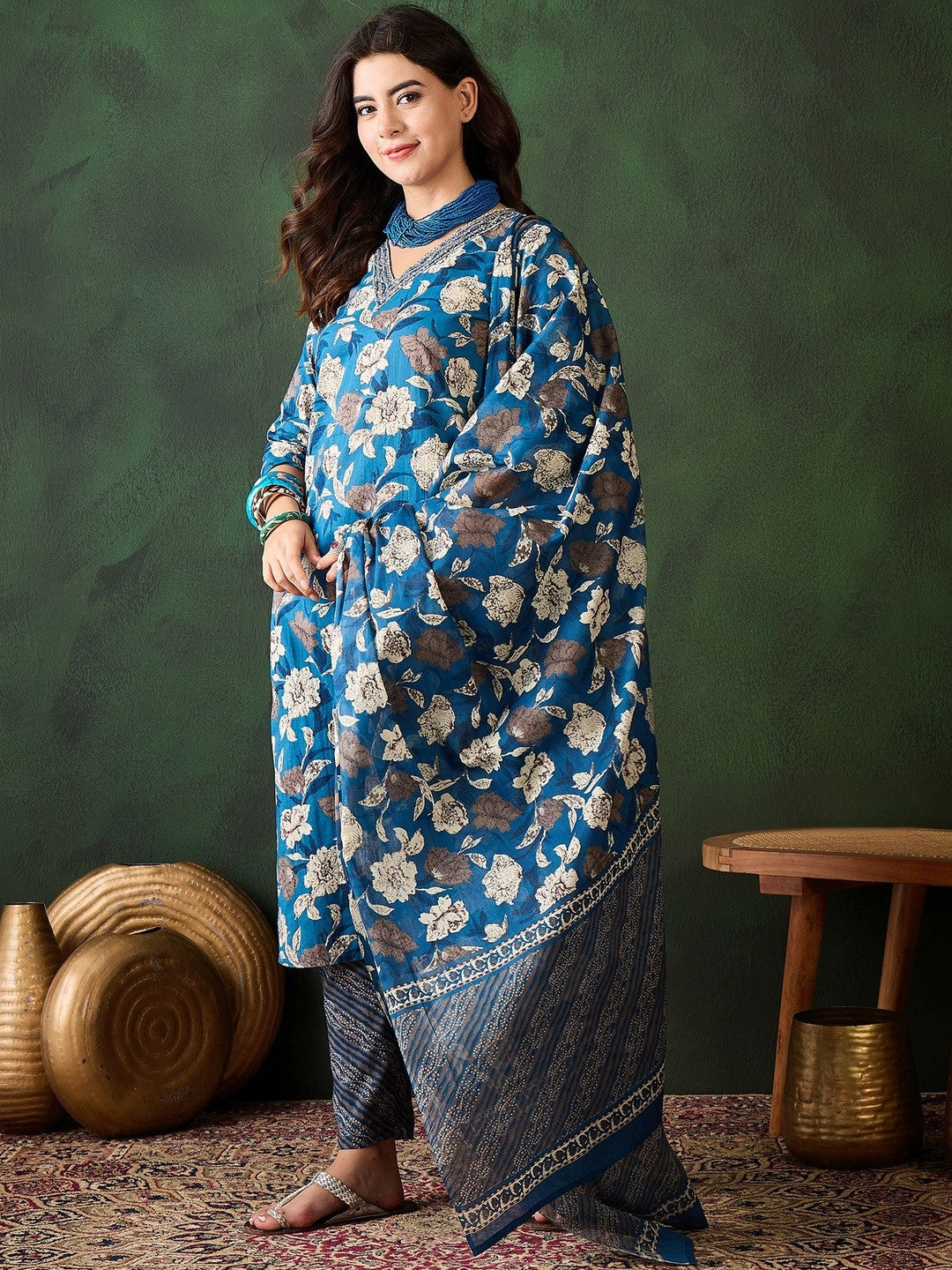 Printed Pure Cotton V-Neck Kurta & Trousers Kurta Set