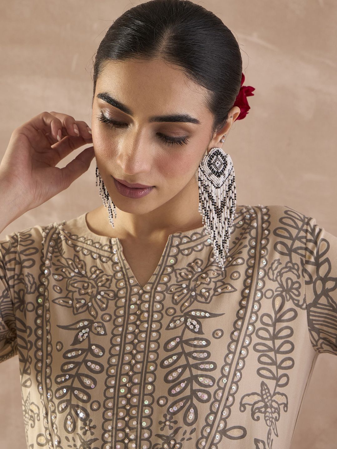 Dhiyona IE Floral Printed Sequinned Tunic With Trousers