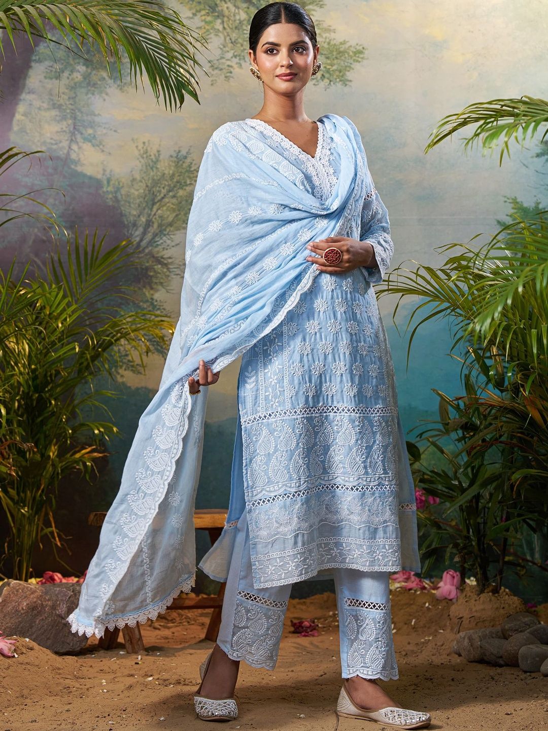 Dhiyona IE Women Ethnic Motifs Embroidered Regular Chikankari Pure Cotton Kurta with Trousers & With Dupatta