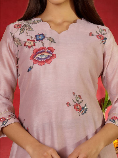Peach Women Floral Embroidered Regular Chanderi Silk Kurta with Trousers & With Dupatta
