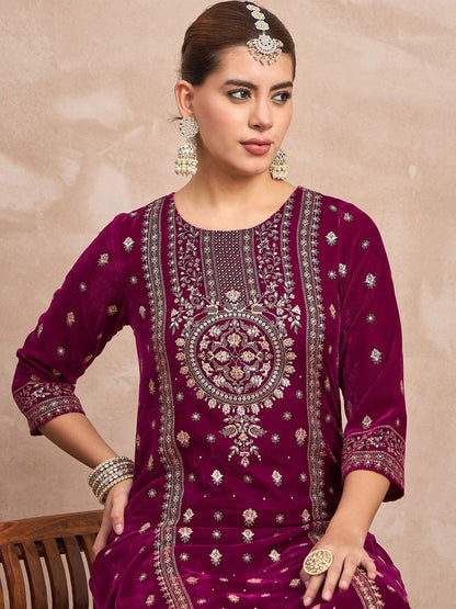 Purple Women Ethnic Motifs Embroidered Regular Thread Work Velvet Kurta with Trousers